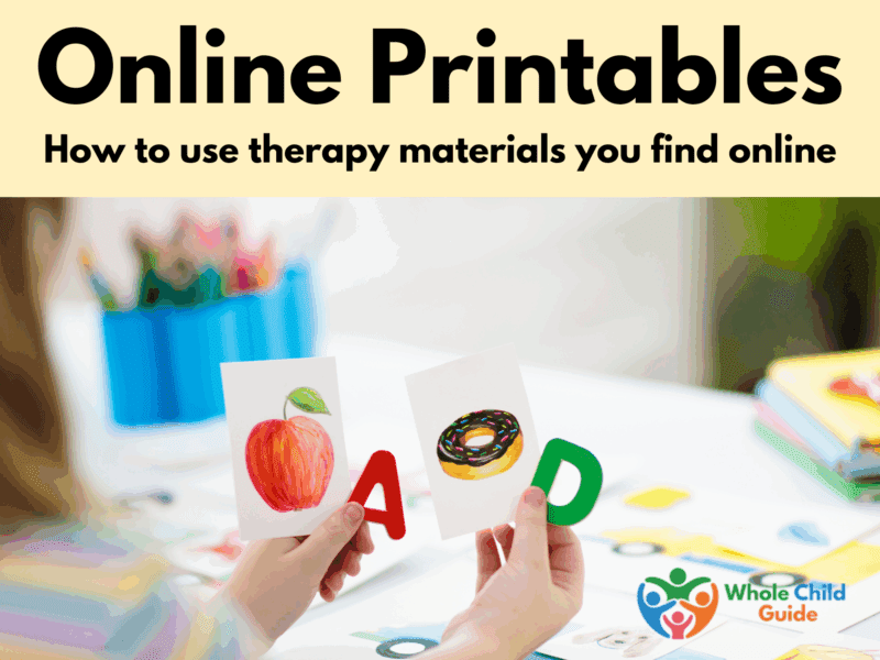 picture of letter cards. Text reads Online Printables- how to use therapy materials you find online