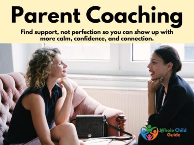 Image depicts a parent talking with a parent coach. Text reads Parent Coaching, Find support, not perfection so you can show up with more calm, confidence, and connection.