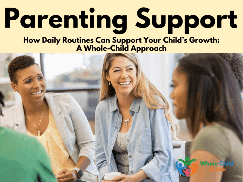 image of a group of parents talking. Text reads Parenting Support: How Daily Routines Can Support Your Child’s Growth: A Whole-Child Approach